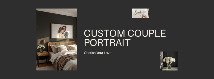 Custom watercolor couple portrait canvas horizontal above bed wedding bride groom premium gallery wrapped