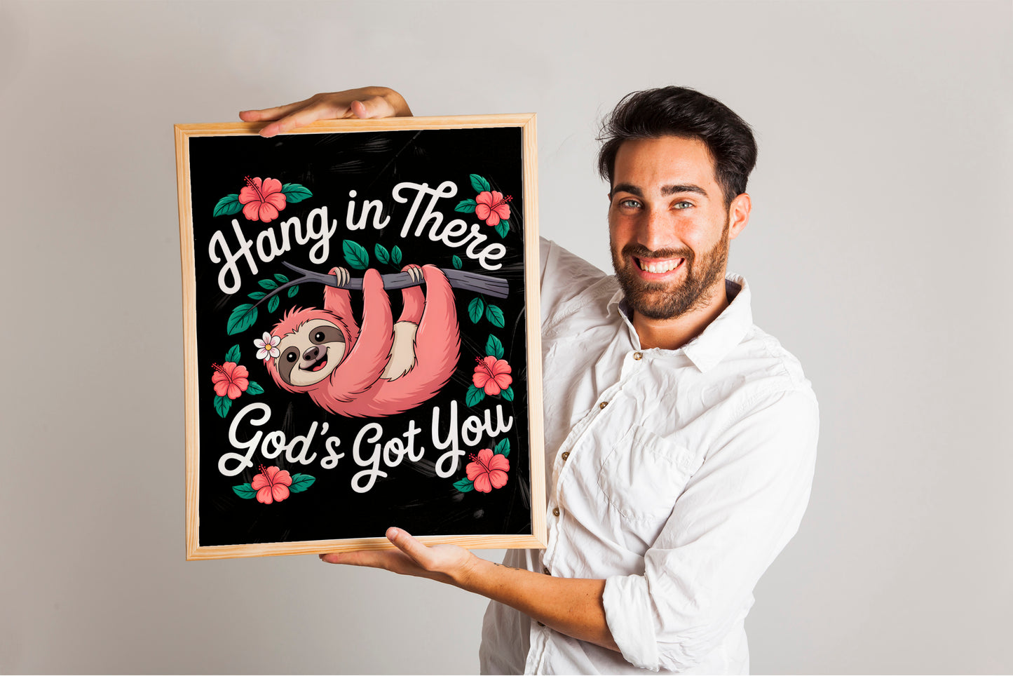 Hang in There God's Got You Art - Christian Encouragement Sloth Wall art, Fun Faith-Based Design for Kids and Women