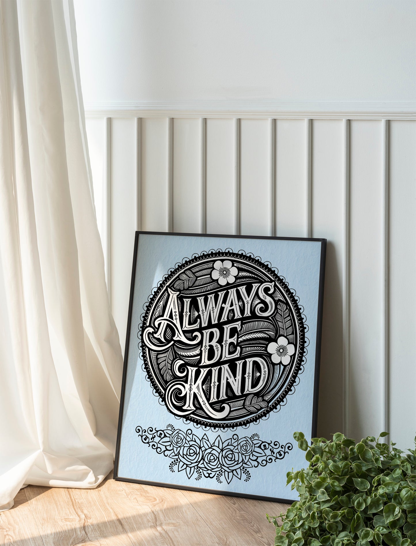 Christian Art - Always Be Kind - Black and White Scripture Graphic Wall art with Vintage Floral Frame, Inspirational Bible Verse Art