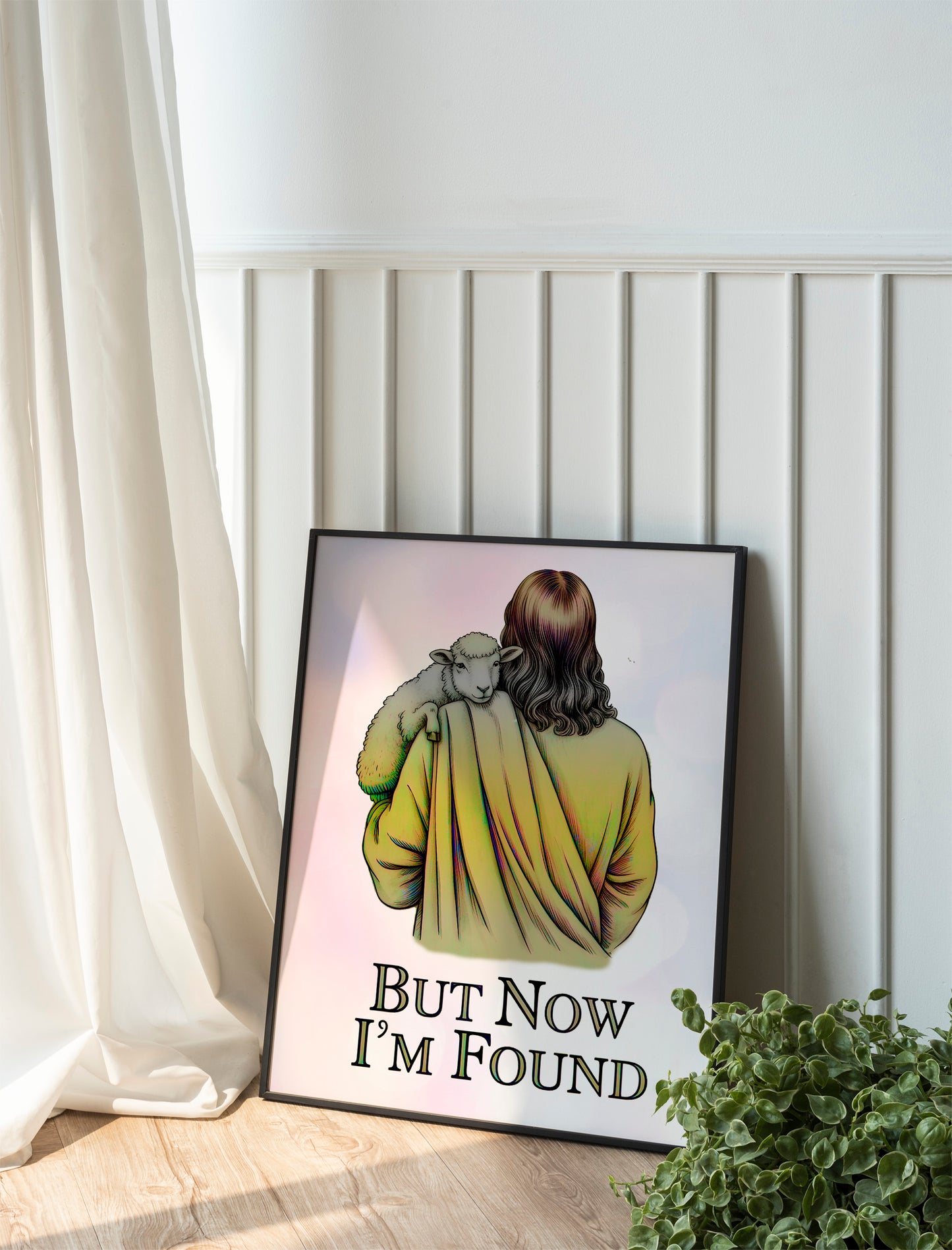 Christian Art - But Now I'm Found - Jesus Carrying Lamb Graphic Wall art, Biblical Redemption Art Art, Faith-Based Art for Believers