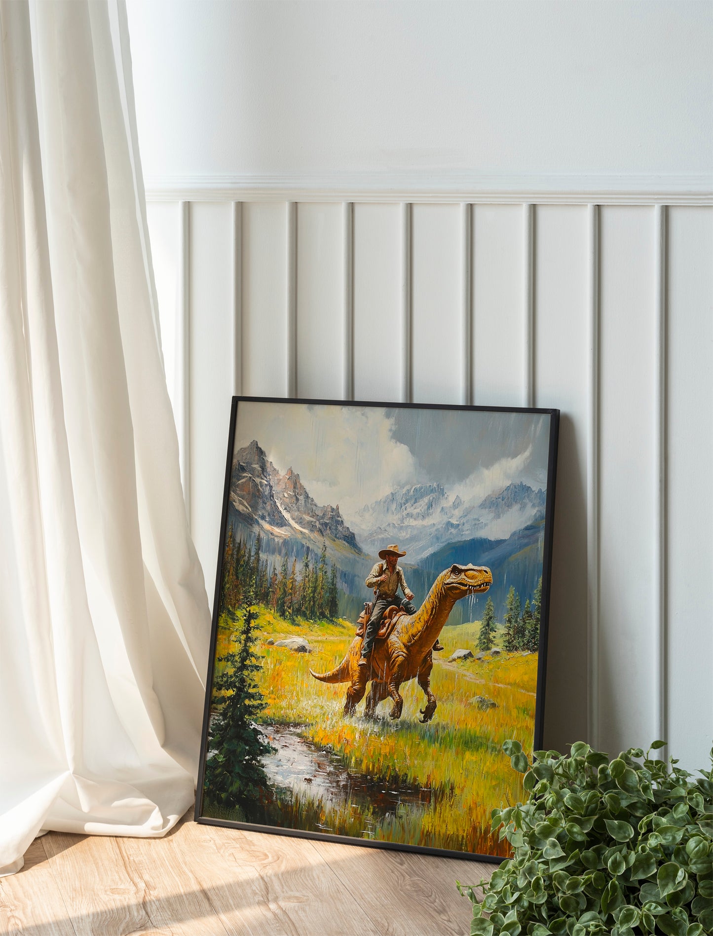 Vintage Dinosaur Cowboy Art, Western Jurassic Painting, Funny Gift Print, Dinosaur Oil Art for Hi