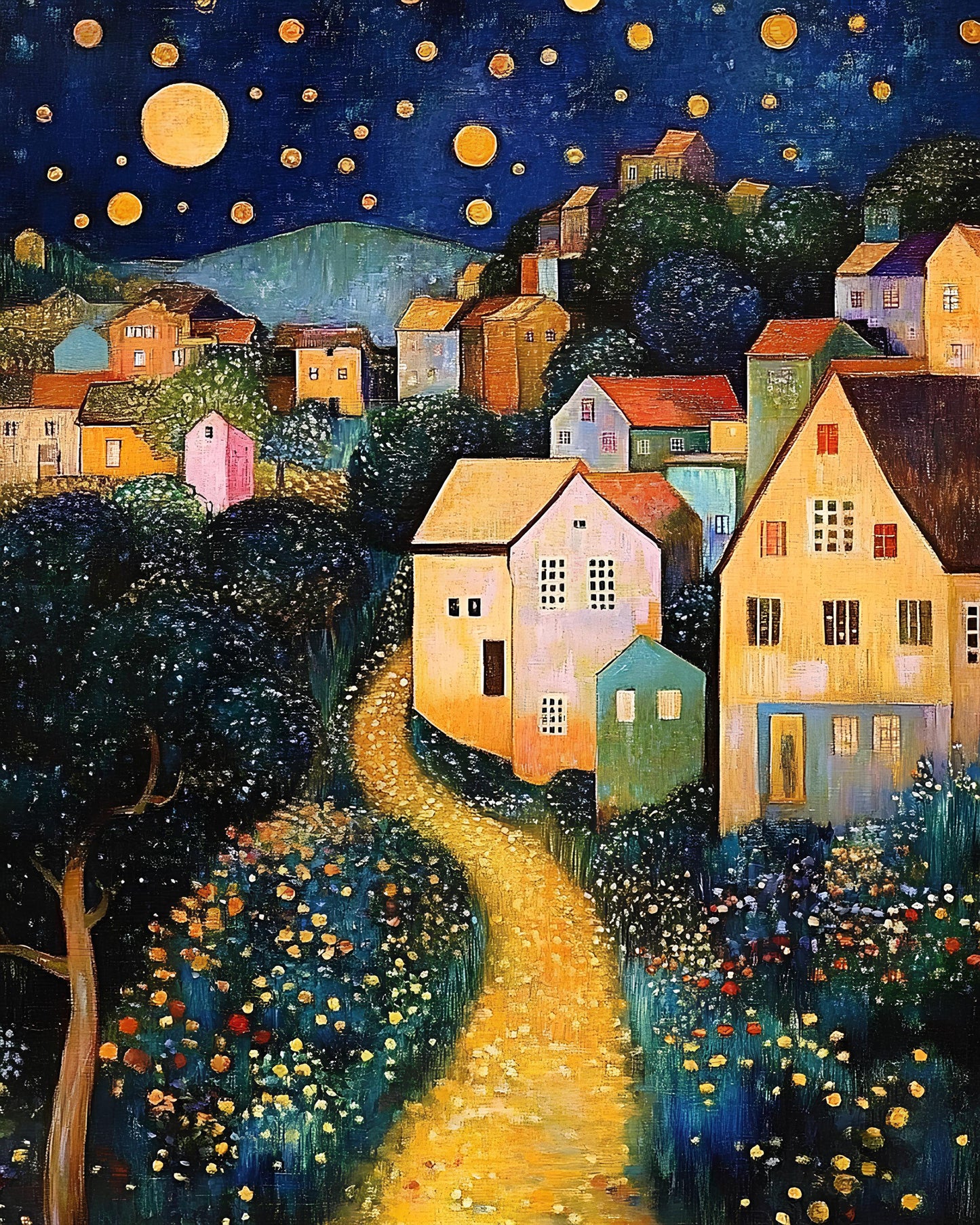 Klimt Moon and Stars Print, Village Night Art, Exhibition Poster, Housewarming Gift for Art Enthusiasts