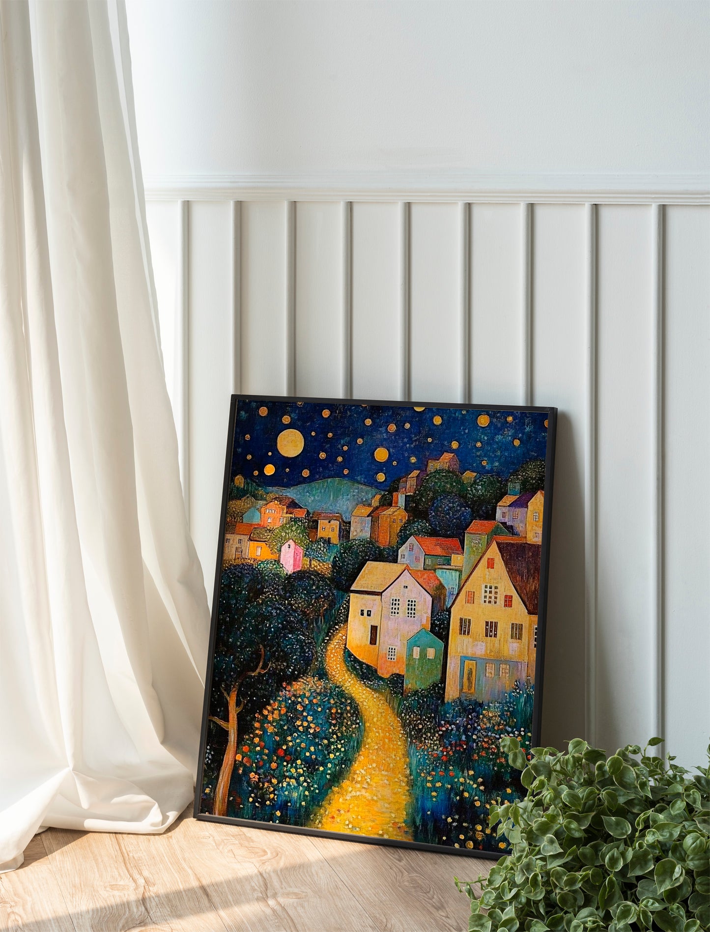 Klimt Moon and Stars Print, Village Night Art, Exhibition Poster, Housewarming Gift for Art Enthusiasts