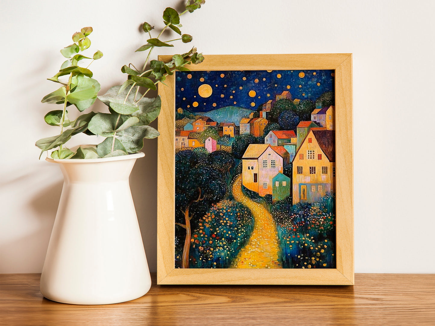 Klimt Moon and Stars Print, Village Night Art, Exhibition Poster, Housewarming Gift for Art Enthusiasts