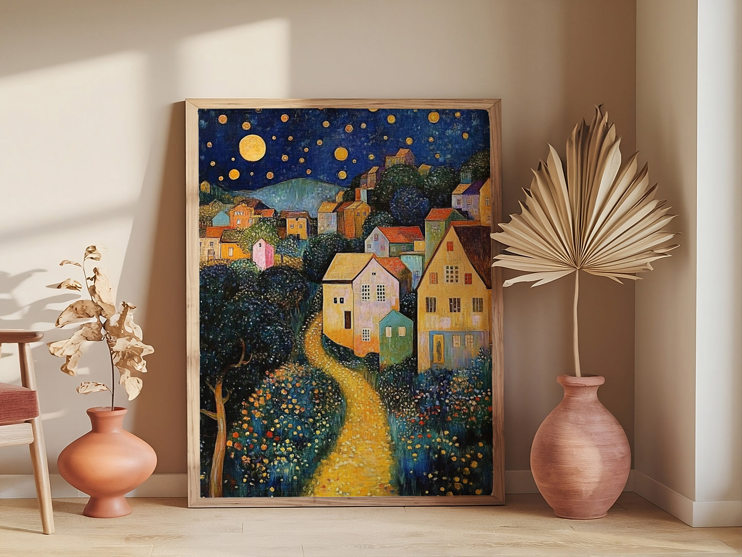 Klimt Moon and Stars Print, Village Night Art, Exhibition Poster, Housewarming Gift for Art Enthusiasts