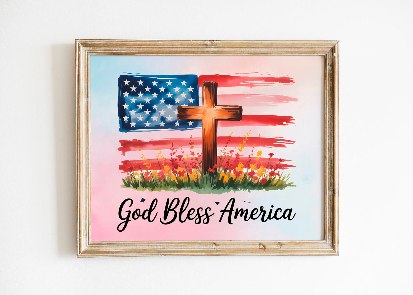 God Bless America Christian Patriotic Art - Distressed Flag and Cross Faith Art, USA Faith Graphic Wall art