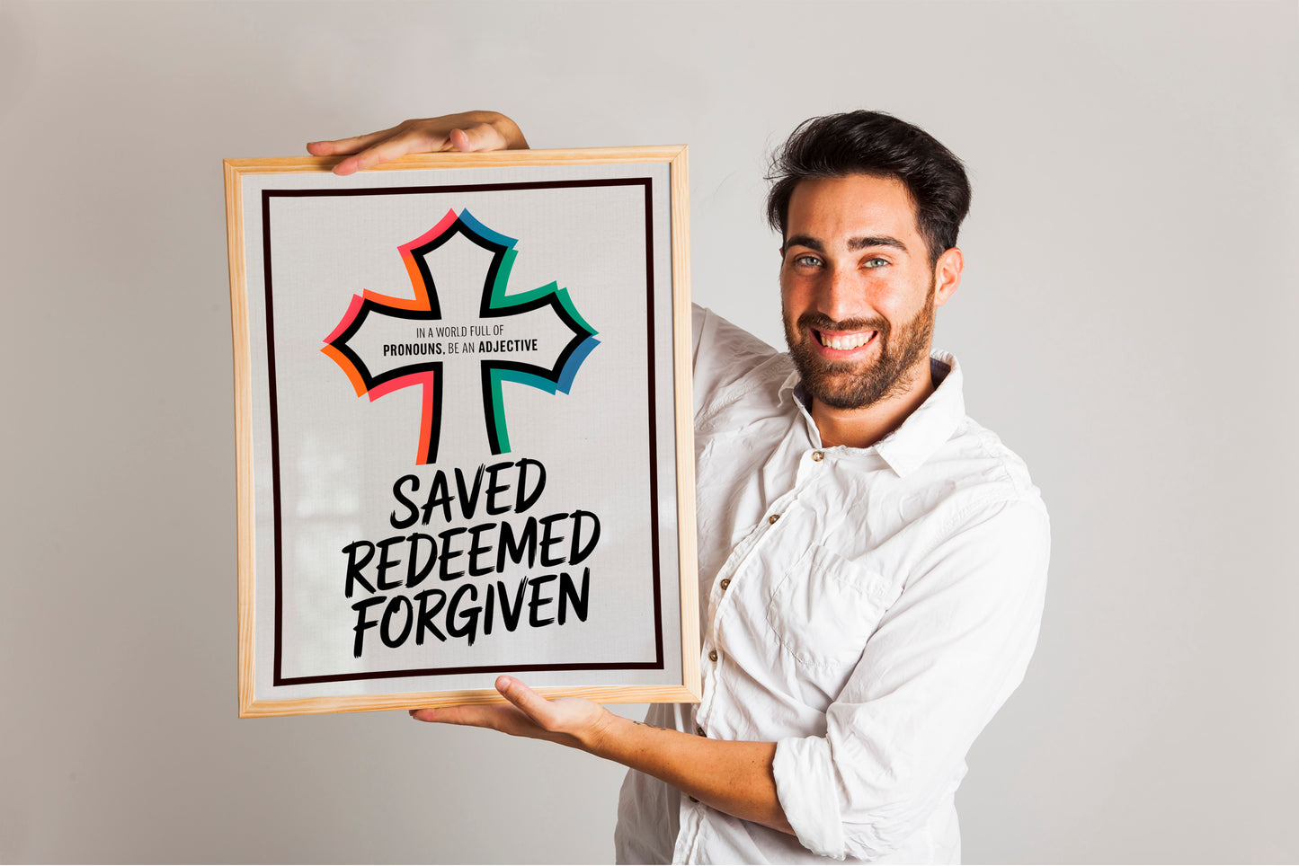 Saved Redeemed Forgiven Christian Cross Art - Bold Typography Scripture Wall art, Youth Faith Identity Art