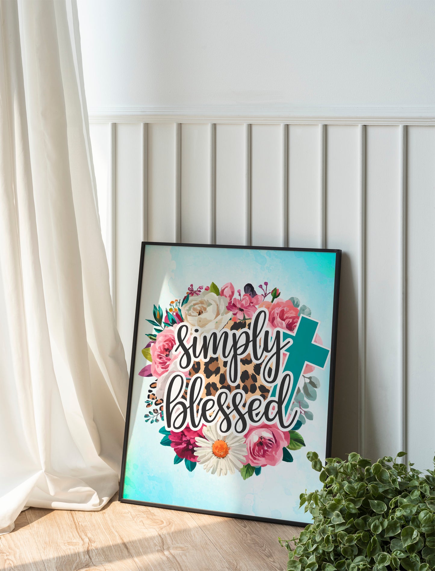 Simply Blessed Christian Art - Leopard Print Floral Cross Design, Faith-Based Trendy Art for Women and Wall art