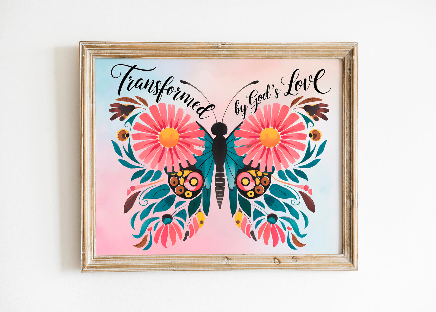 Transformed by God's Love Christian Art - Butterfly Faith Wall art with Floral Design, Inspirational Scripture-Themed Art