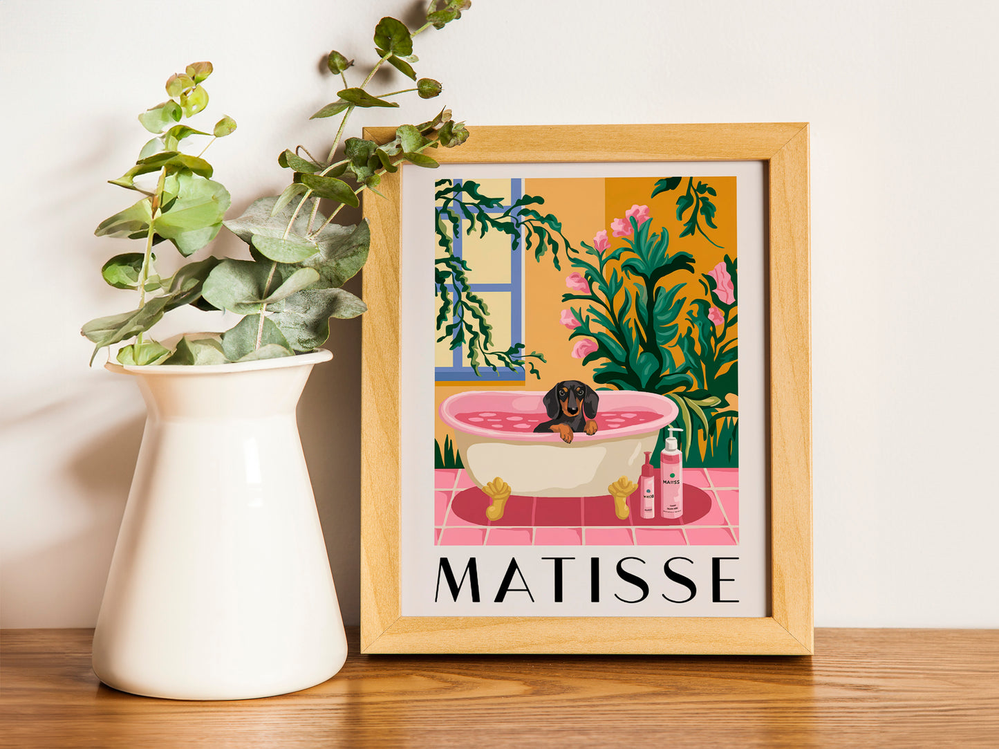 Dachshund in Bathtub Poster, Pink Dog Wall Art, Funny Bathroom Decor, Dopamine Aesthetic MidCentury Print.