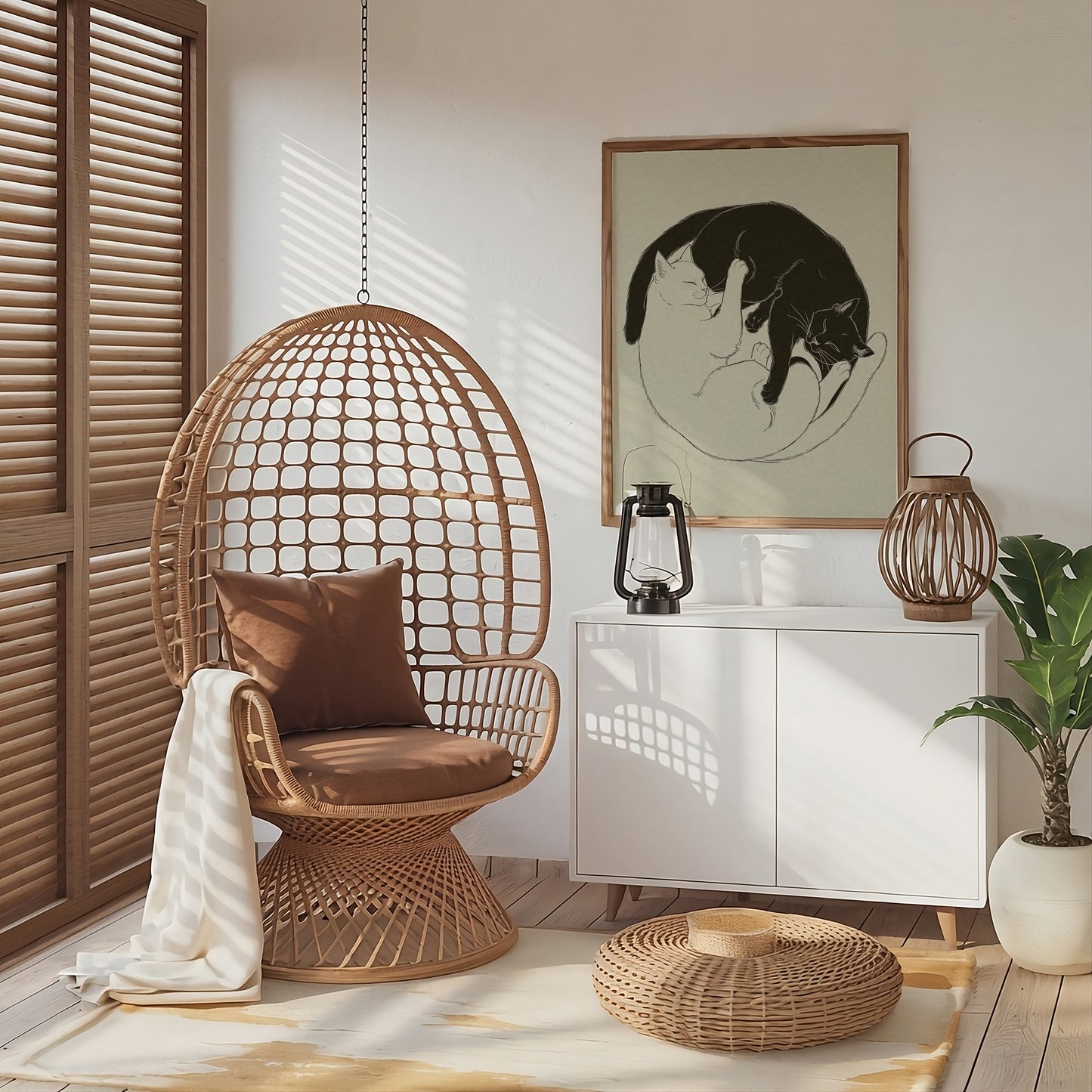 Yin and Yang Cats Print, Funny Pets, Boho Art Painting Framed Poster Canvas Cute Black Cat Lover Gift Eclectic Minimalist Wall Art Home Decor