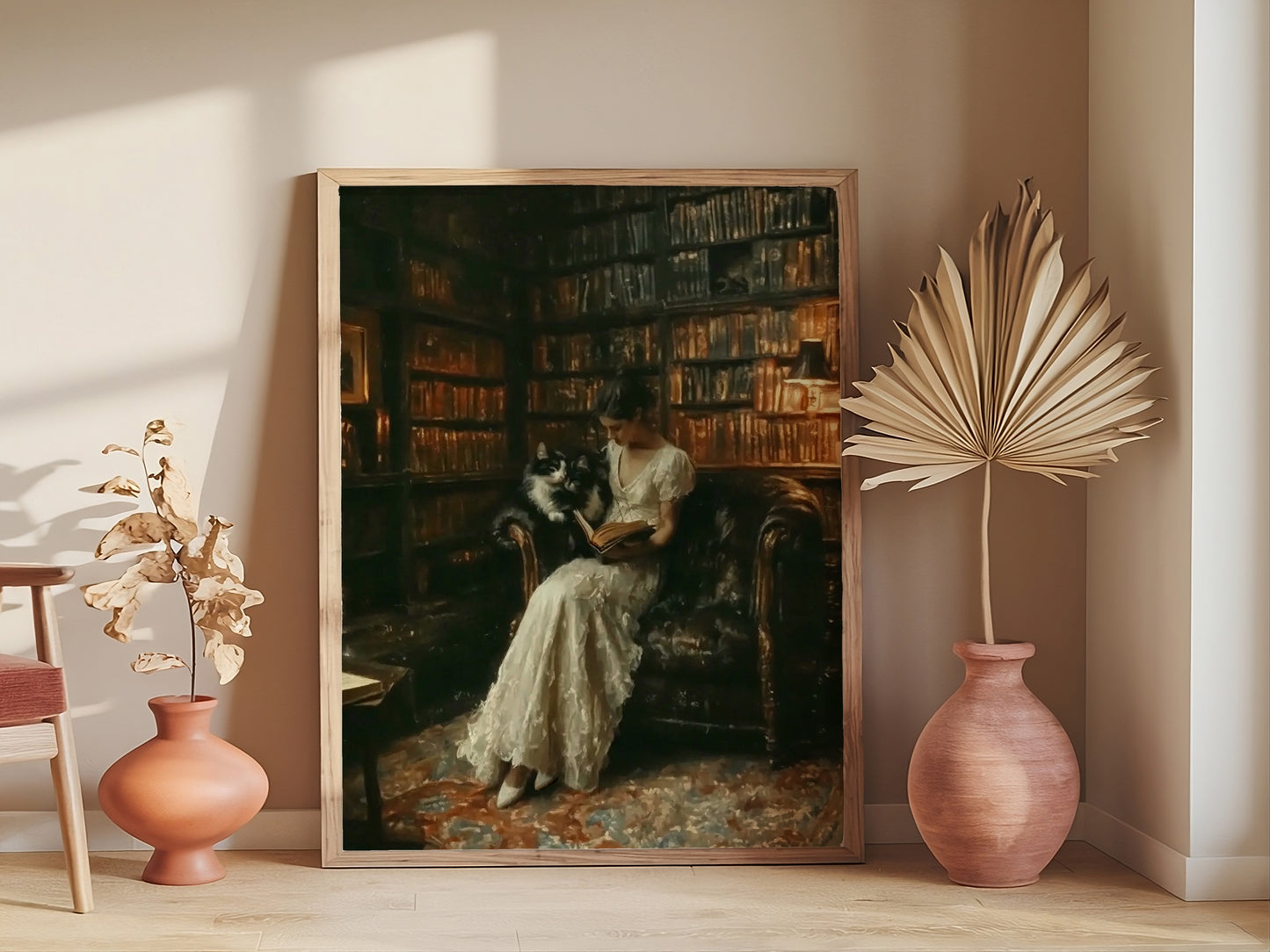 Cats in Library Moody Aesthetic Printable, Antique Style Home Decor for Book Lovers