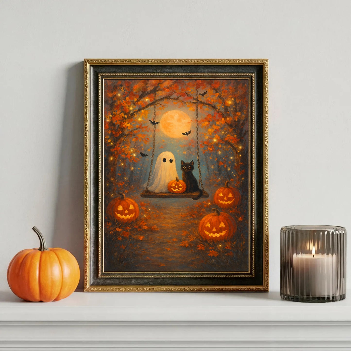 Cute Ghost and Black Cat Halloween Wall Art Spooky Pumpkin Cozy Fall Decor Autumn Night Artwork Witchy Home Decoration
