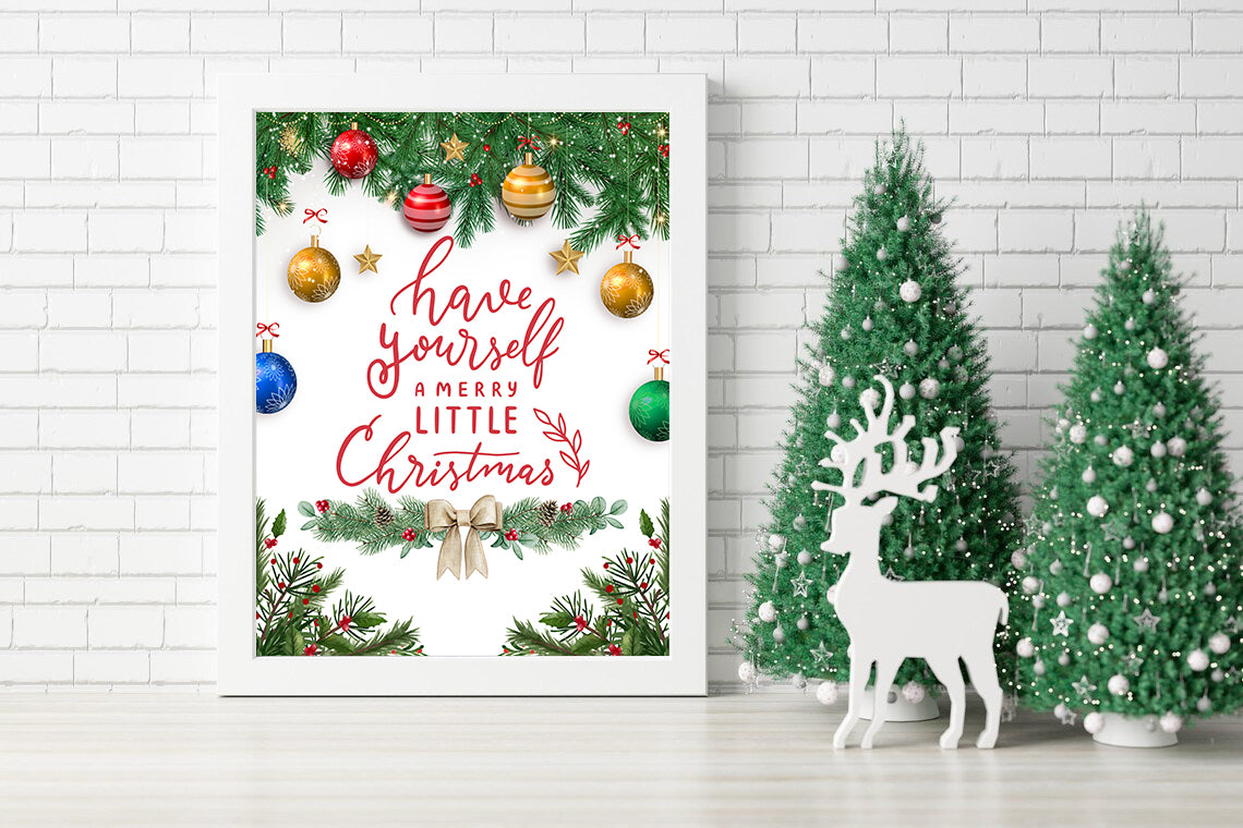Have Yourself a Merry Little Christmas Wall Art - Holiday Season Wall Decor with Ornaments and Greenery - Seasonal Holiday Canvas with Gold and Red Accents