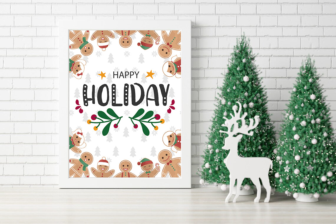 Happy Holiday Cheer with Gingerbread Smiles and Festive Fun Canvas - Gingerbread Wonderland A Sweet and Cheerful Holiday Greeting Canvas - Whimsical Gingerbread Happiness for a Delightful Holiday Season
