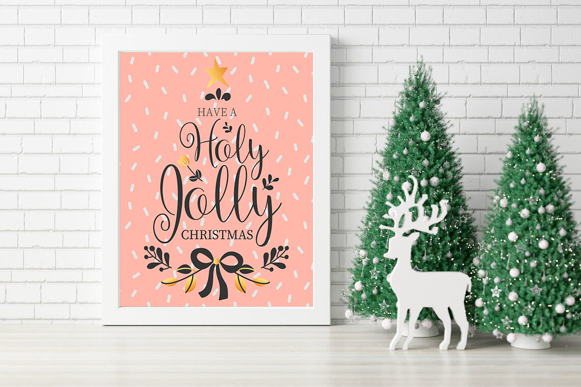 Holy Jolly Christmas Wall Art Festive Holiday Decor - Rustic Pink Christmas Canvas - 'Have a Holy Jolly Christmas - Pink Christmas Decor Canvas Celebrate the Season