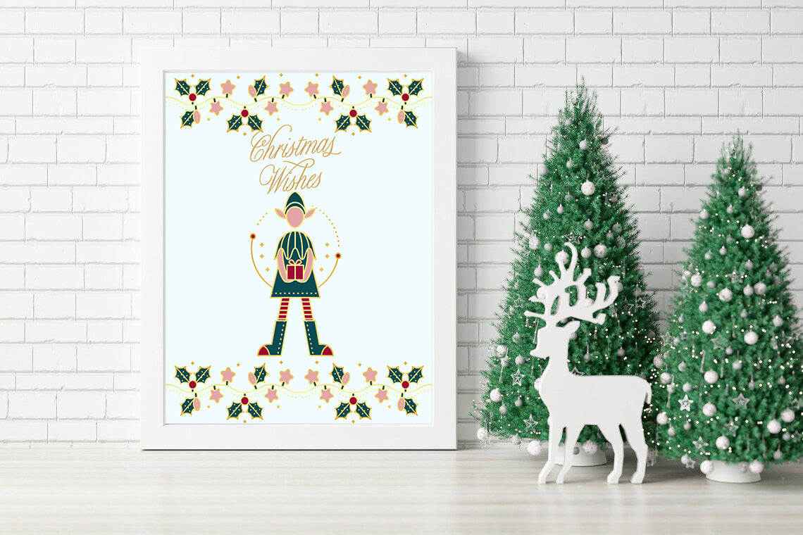 Christmas Wishes Festive Elf and Holly Design Wishes Merry Elf Christmas