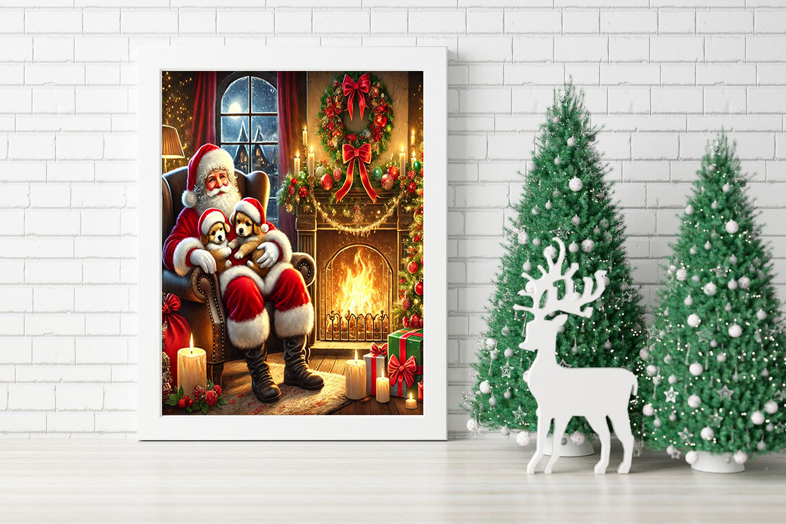 Santa's Cozy Christmas - Festive Fireplace Canvas Art - Warm Holiday Moments - Santa with Puppies Christmas Canvas - Santa's Cozy Chair Canvas - Perfect Holiday Wall Decor