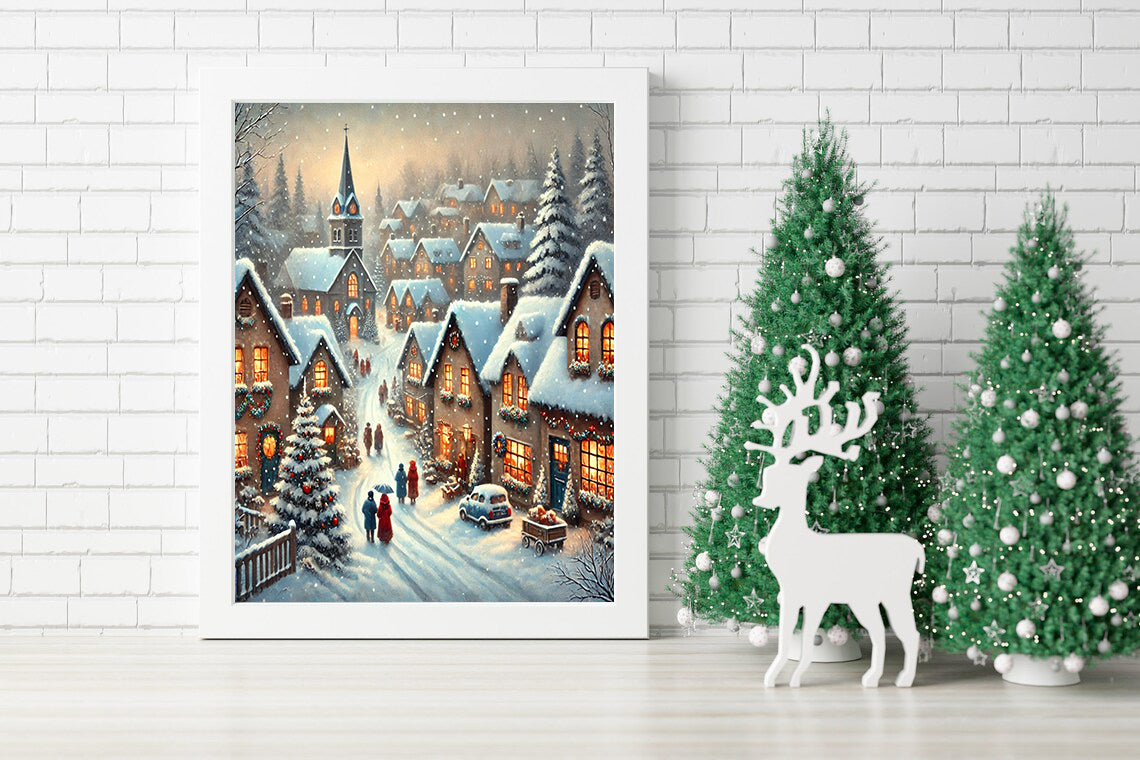 Snowy Winter Village Christmas Scene Canvas - Cozy Christmas Village Street View - A Peaceful Winter Village Under the Snow Canvas - Christmas Eve in a Snowy Town Canvas