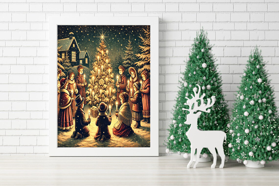 Christmas Eve Candlelight Gathering - Vintage Holiday Canvas - Joyful Christmas Tree Lighting - Classic Winter Wall Art - Silent Night Christmas Canvas