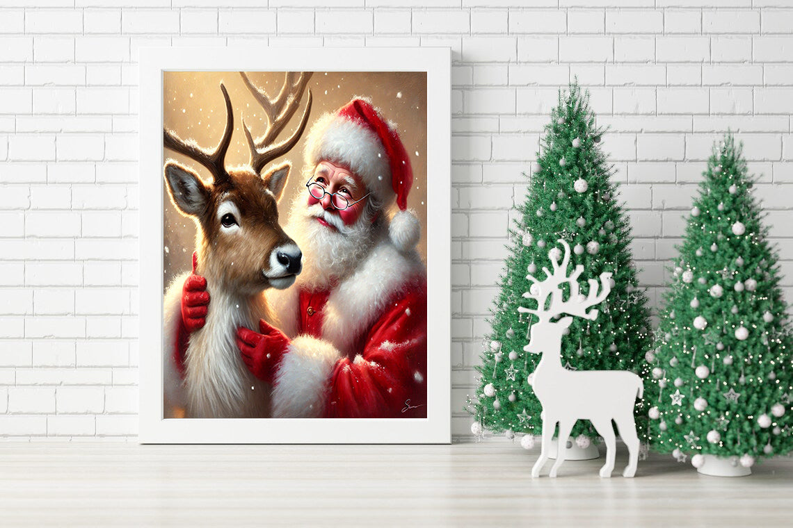 Santa and His Reindeer - Heartwarming Christmas Canvas - Classic Santa and Reindeer Canvas - Festive Holiday Decor - Cozy Holiday Canvas - Santa and Reindeer in Snow