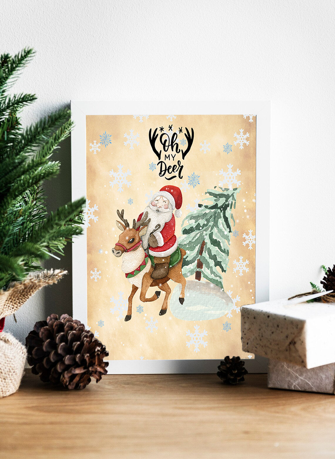Oh My Deer: Santa's Festive Ride Wall Art - Oh My Deer - Watercolor Holiday Print - Holiday Cheer: Santa on His Trusty Reindeer - Whimsical Winter Art: Oh My Deer Canvas