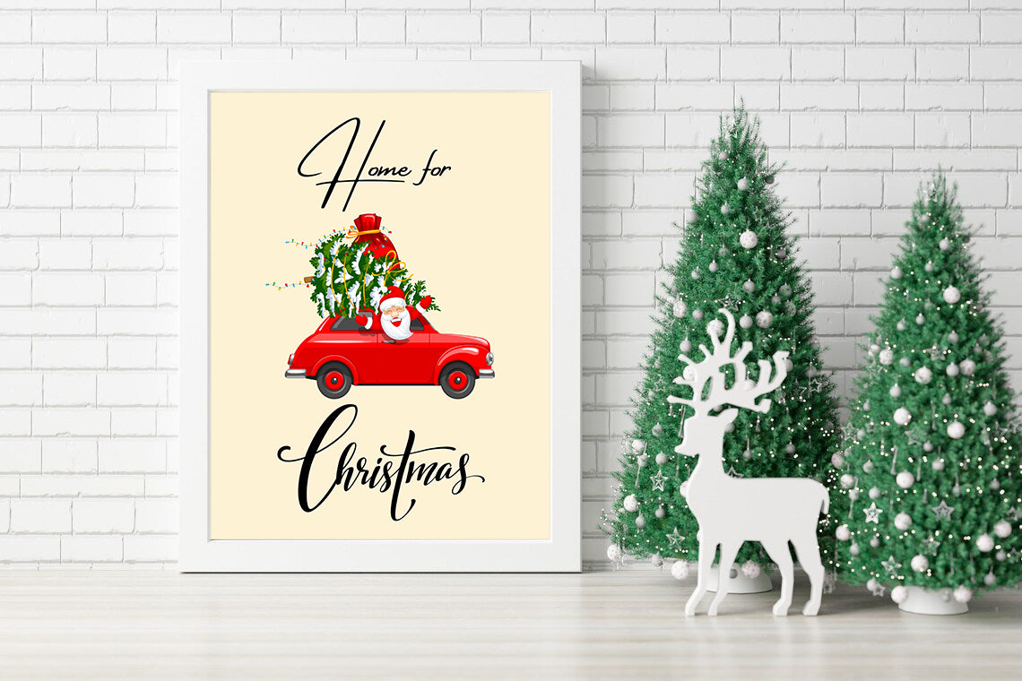 Home for Christmas Canvas - Santa’s Joyful Journey - Festive Holiday Wall Art - Red Car with Christmas Cheer - Santa’s Christmas Ride Canvas - Perfect Seasonal Decor