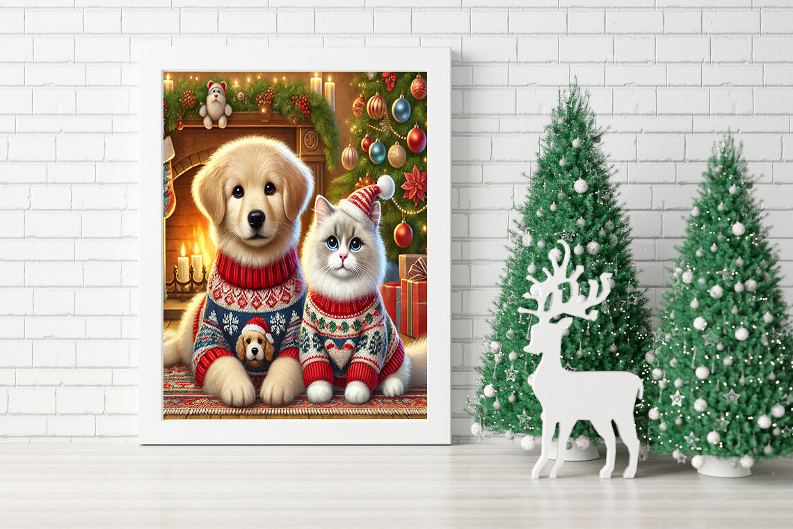 Puppy and Kitten Christmas Canvas - Perfect Holiday Decor - Festive Pet Portrait - Whimsical Christmas Wall Art - Pet Lover’s Christmas Canvas - Festive Dog and Cat Scene