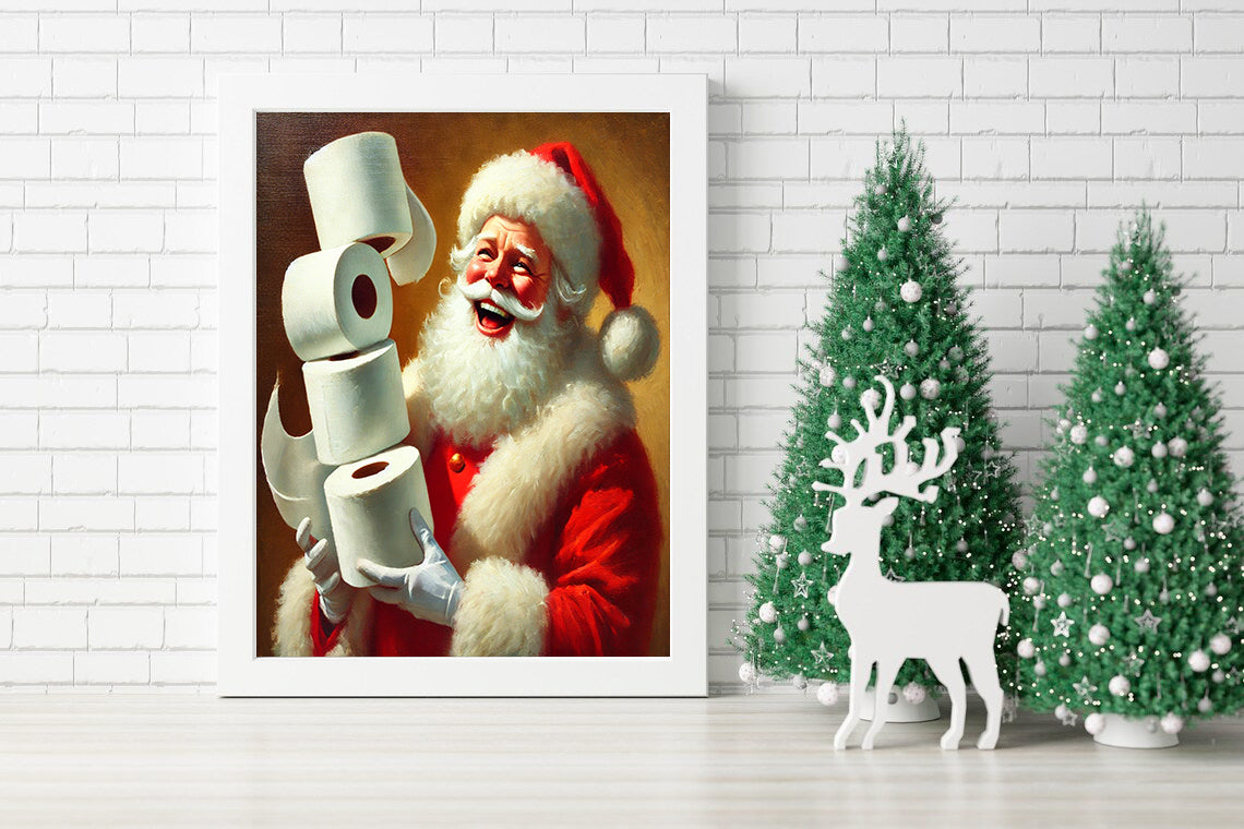 Santa's Toilet Paper Tower - Funny Christmas Wall Art - Holiday Humor Canvas - Santa and His Roll of Laughs - Santa's Fun Side - Hilarious Christmas Canvas for the Home