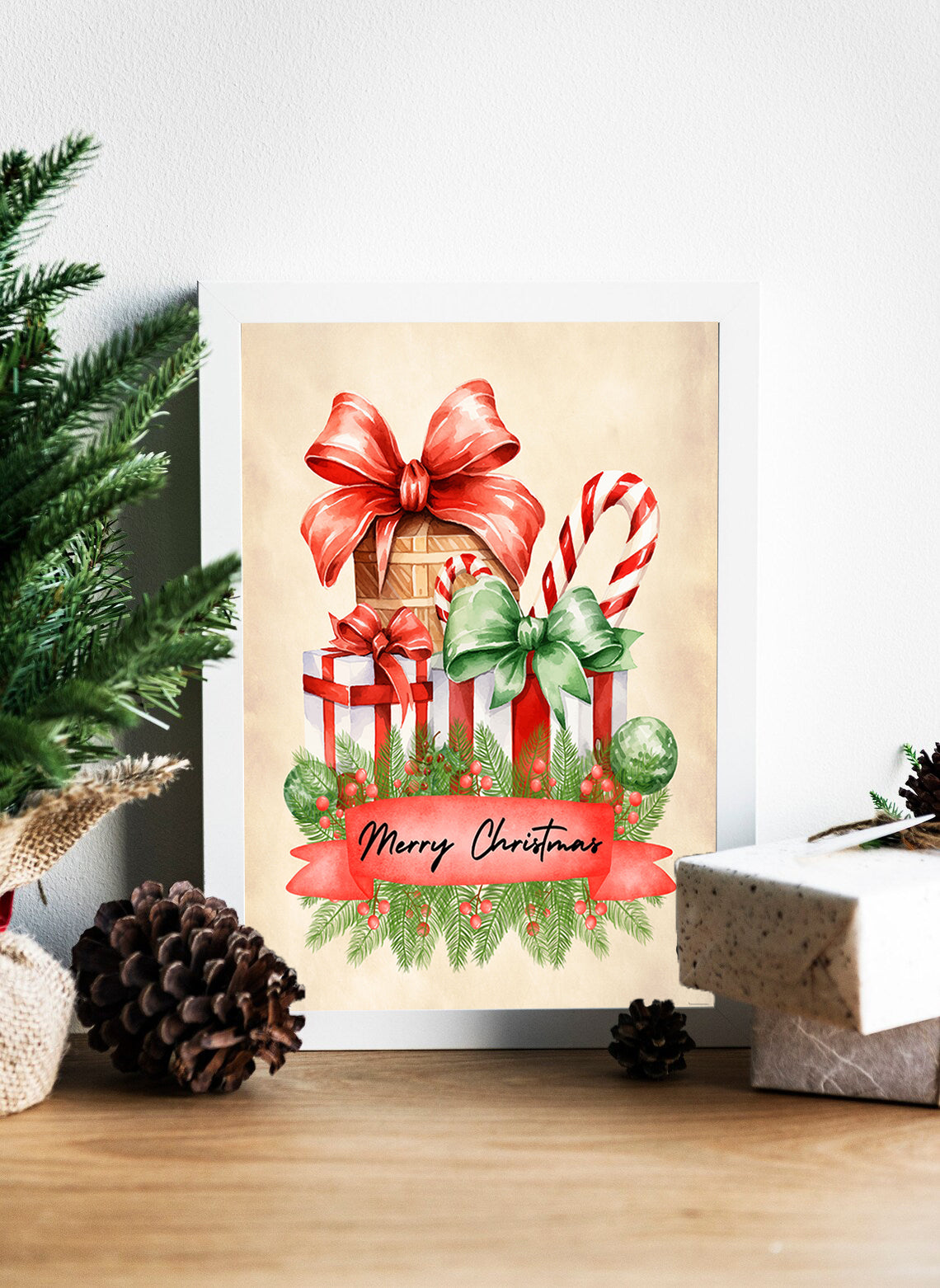 Christmas Cheer: Gifts and Greenery Canvas - Whimsical Christmas Presents and Candy Canes - Seasonal Decor: Merry Christmas Canvas