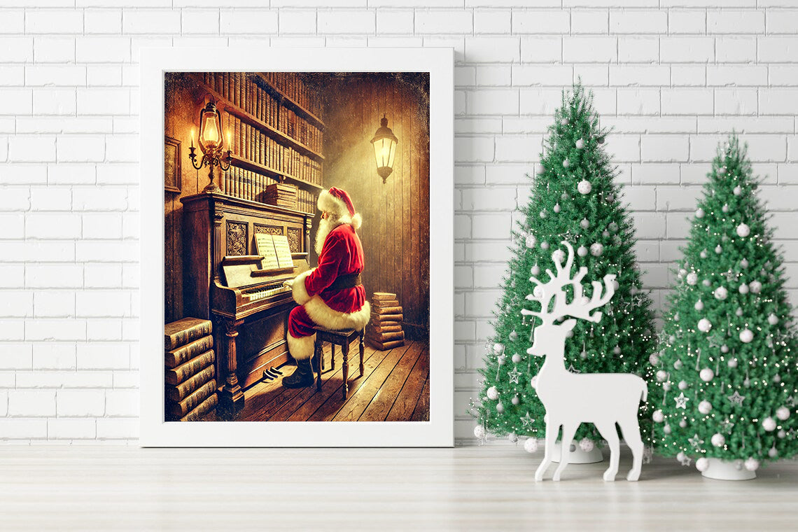 Santa at the Piano - Vintage Christmas Music Canvas - Musical Christmas Eve - Santa Playing the Piano Wall Art - Classic Christmas Art - Santa Creating Holiday Music