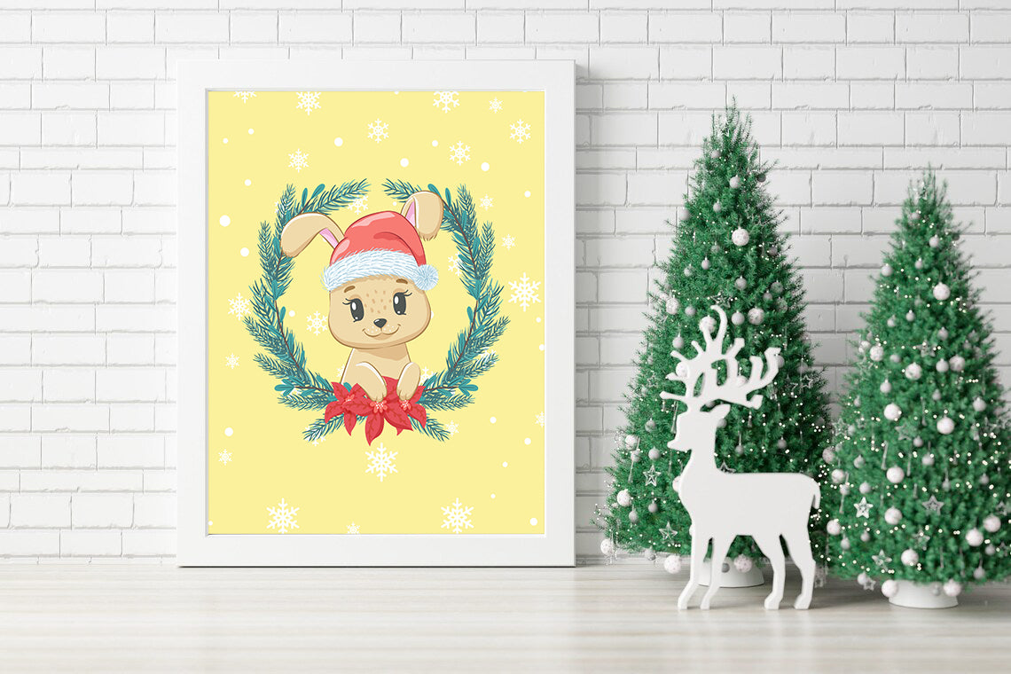 Festive Bunny Cheer Christmas Wall Art - Whimsical Christmas Bunny in a Snowy Wreath - Christmas Bunny Bliss - Seasonal Home Decor