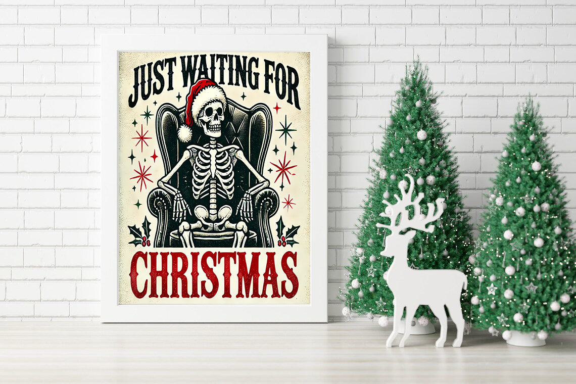 Waiting in Style Skeleton's Countdown to Christmas Canvas - Skeletal Holiday Cheer A Funny Christmas Art Piece - Spooky Season Meets Christmas Skeleton in a Santa Hat