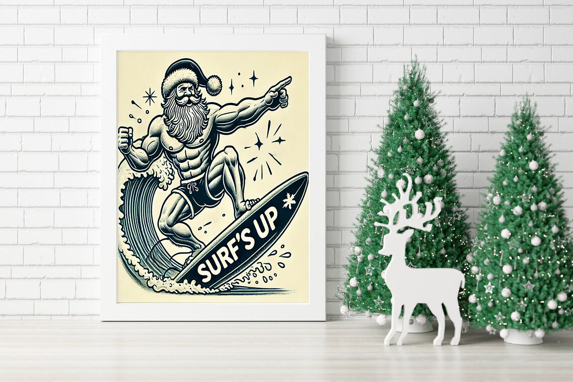 Santa’s Surf Adventure Holiday Waves Await! - Beachy Christmas Cheer Surfing Santa Decor - Santa on the Surfboard A Wave of Festive Fun