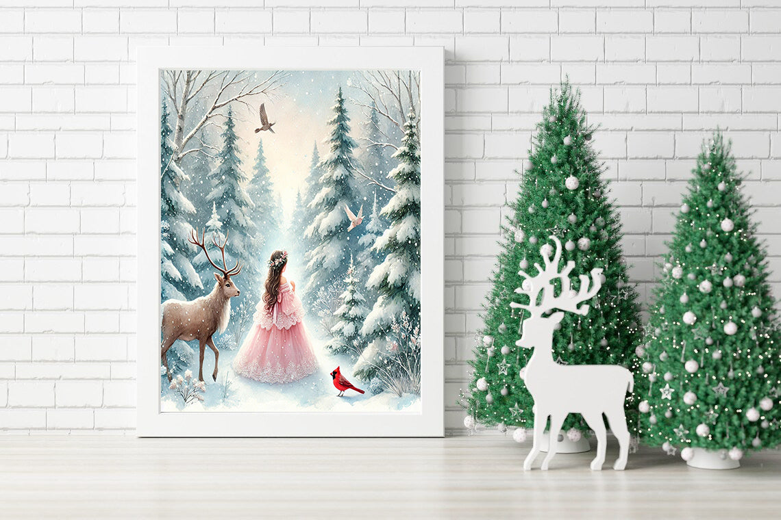 Enchanted Winter Forest Princess Canvas - A Magical Winter Stroll with Nature Print - The Princess and the Winter Woods Print - Mystical Winter Wonderland Art