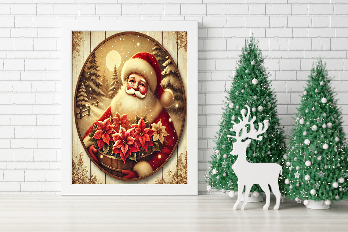 Santa’s Gift of Poinsettia Joy Canvas - Holiday Blossoms Under the Moonlight Canvas - A Rustic Christmas Eve with Santa