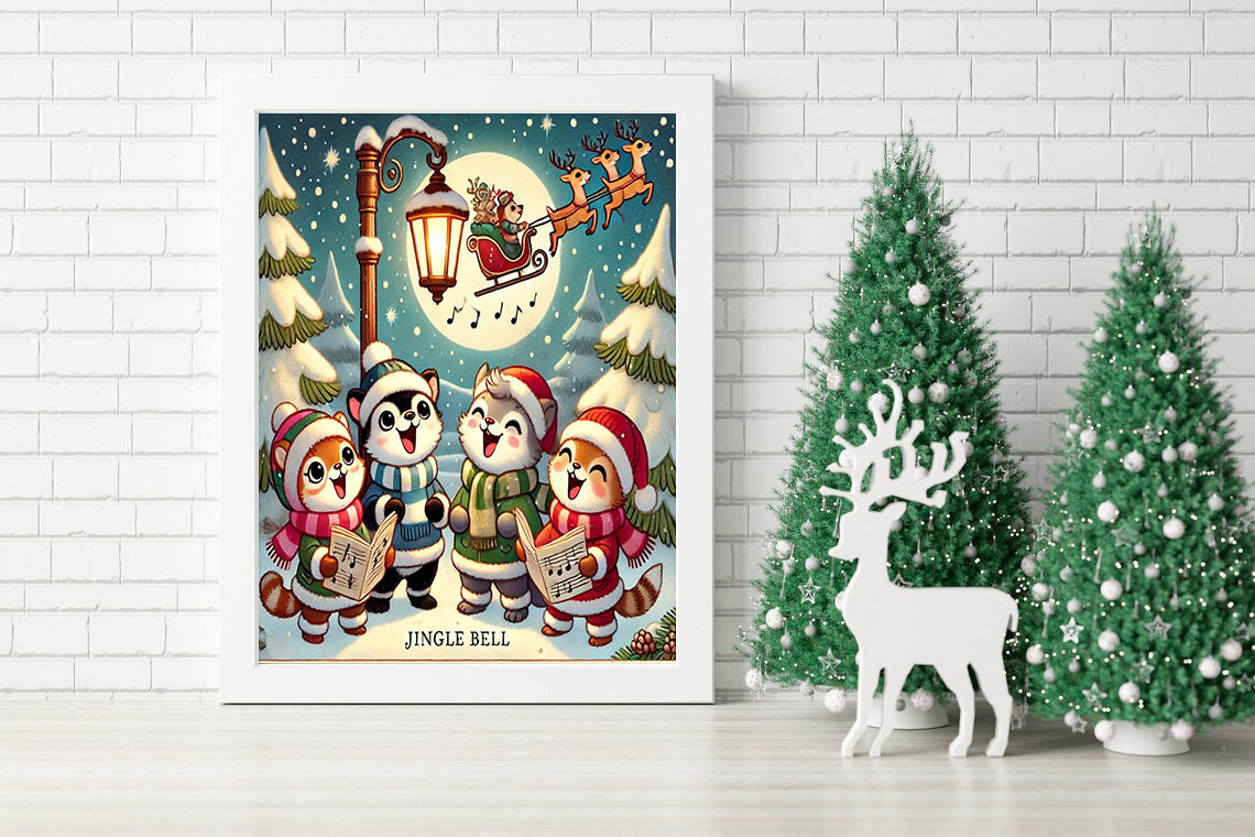 Moonlit Carolers and Santa’s Sleigh Canvas - Jingle Bell Harmony Under the Stars Canvas - Joyful Notes Beneath a Winter Moon