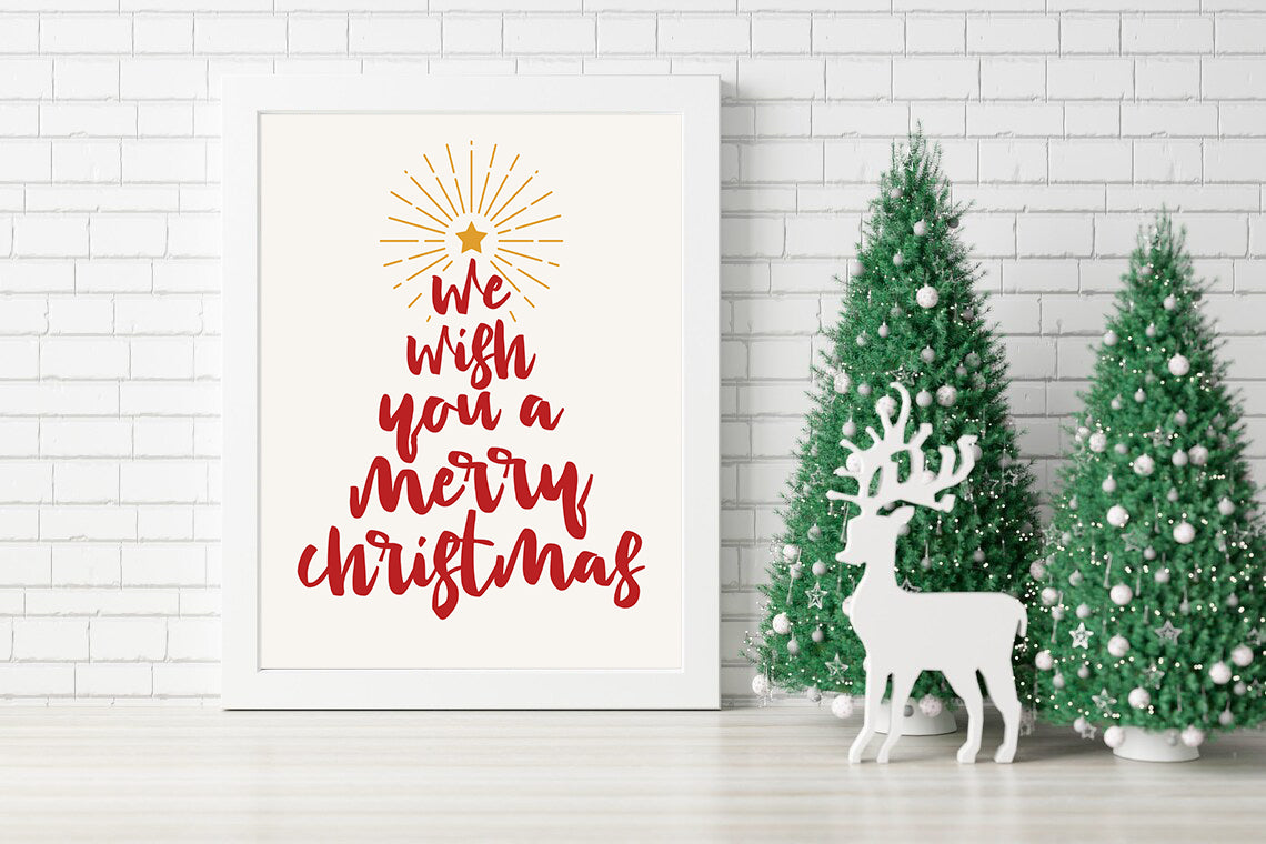 We Wish You a Merry Christmas Typography Canvas Art - Rustic Minimalist 'Merry Christmas' Wall Decor - Joyful Christmas Greeting with Radiant Star Decor