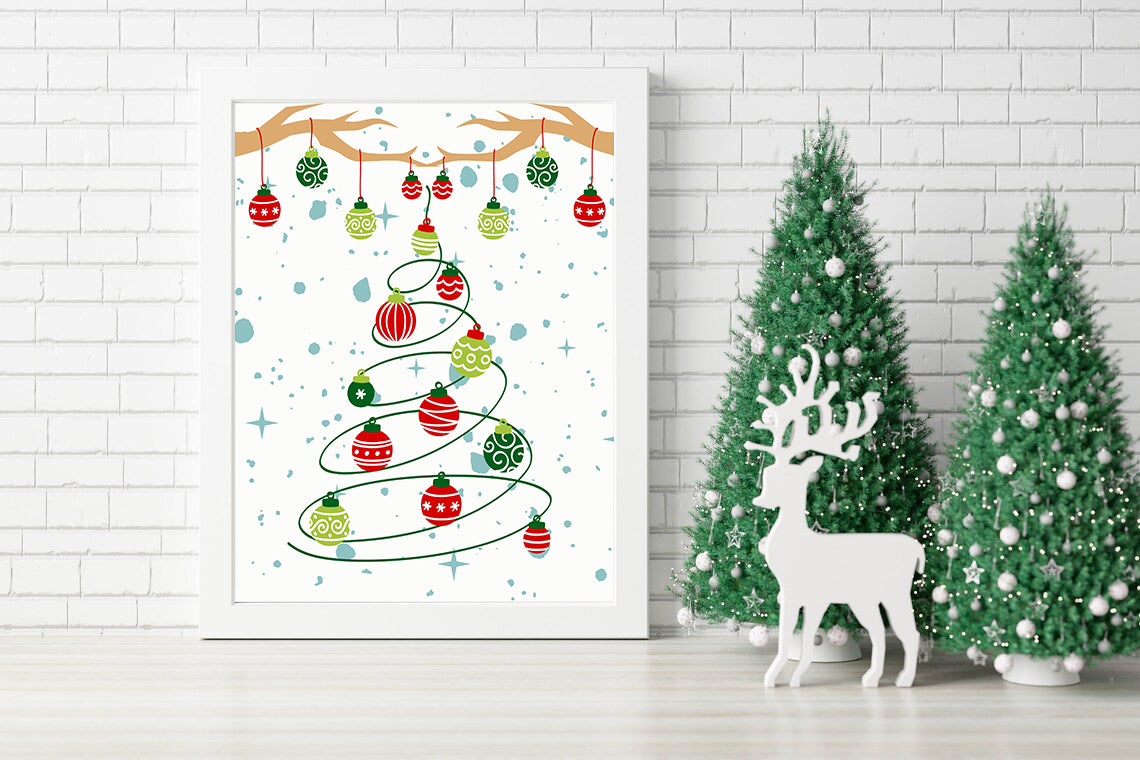 Hanging Ornaments Christmas Tree Design Canvas - Whimsical Holiday Ornaments and Tree Artwork - Rustic Branches and Ornaments Christmas Art