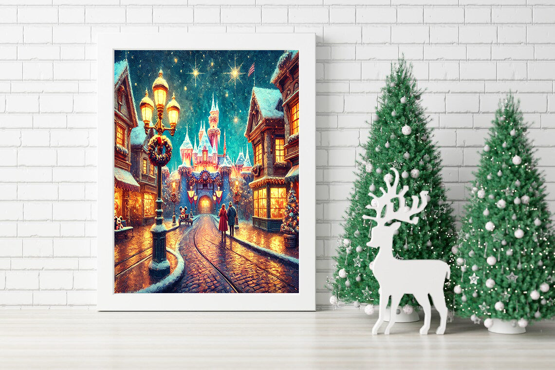 Enchanted Winter Wonderland Festive Village Under Starry Skies Canvas - Magical Christmas Eve Illuminated Holiday Street Scene Canvas - A Cozy Holiday Stroll in a Snowy Wonderland