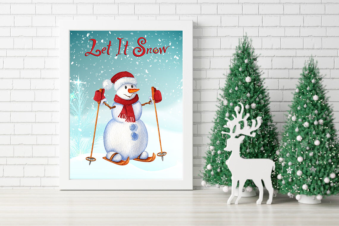 Let It Snow Winter Wonderland Snowman on Skis Canvas - A Snowy Day with a Ski Loving Snowman Canvas - Let It Snow Snowman’s Holiday Ski Adventure Canvas