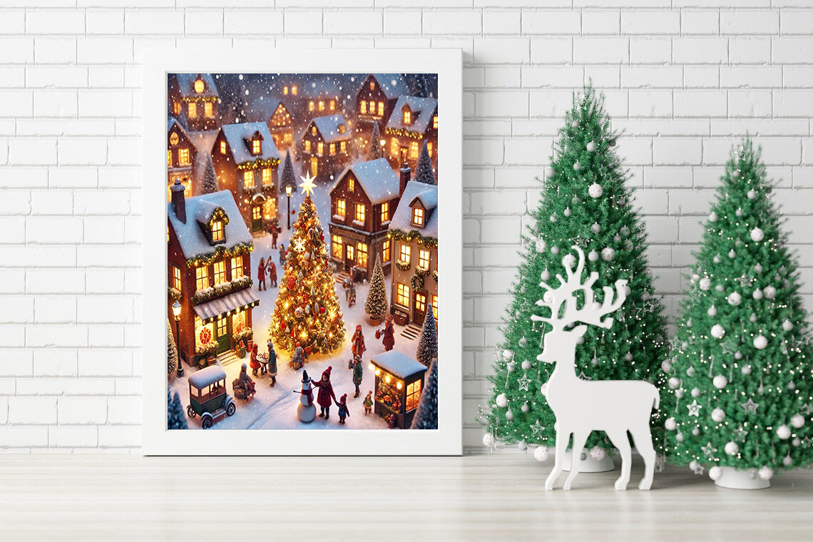 Christmas Village Magic: A Festive Evening Canvas - A Cozy Christmas Night: Village Celebration Canvas - Joyful Winter Nights: Holiday Village Art