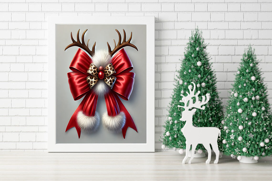 Luxurious Christmas Bow with Antlers and Fur Canvas - Elegant Holiday Decor: Red Bow and Fur Accents Canvas - Rustic Elegance: Red Bow and Antlers Artwork