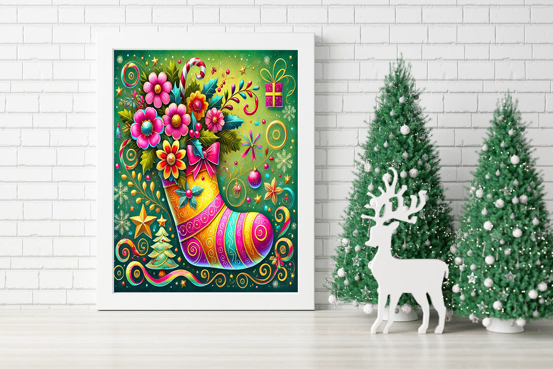 Festive Floral Stocking Wonderland Canvas - Colorful Christmas Stocking Delight - Candy Canes and Christmas Blooms Canvas