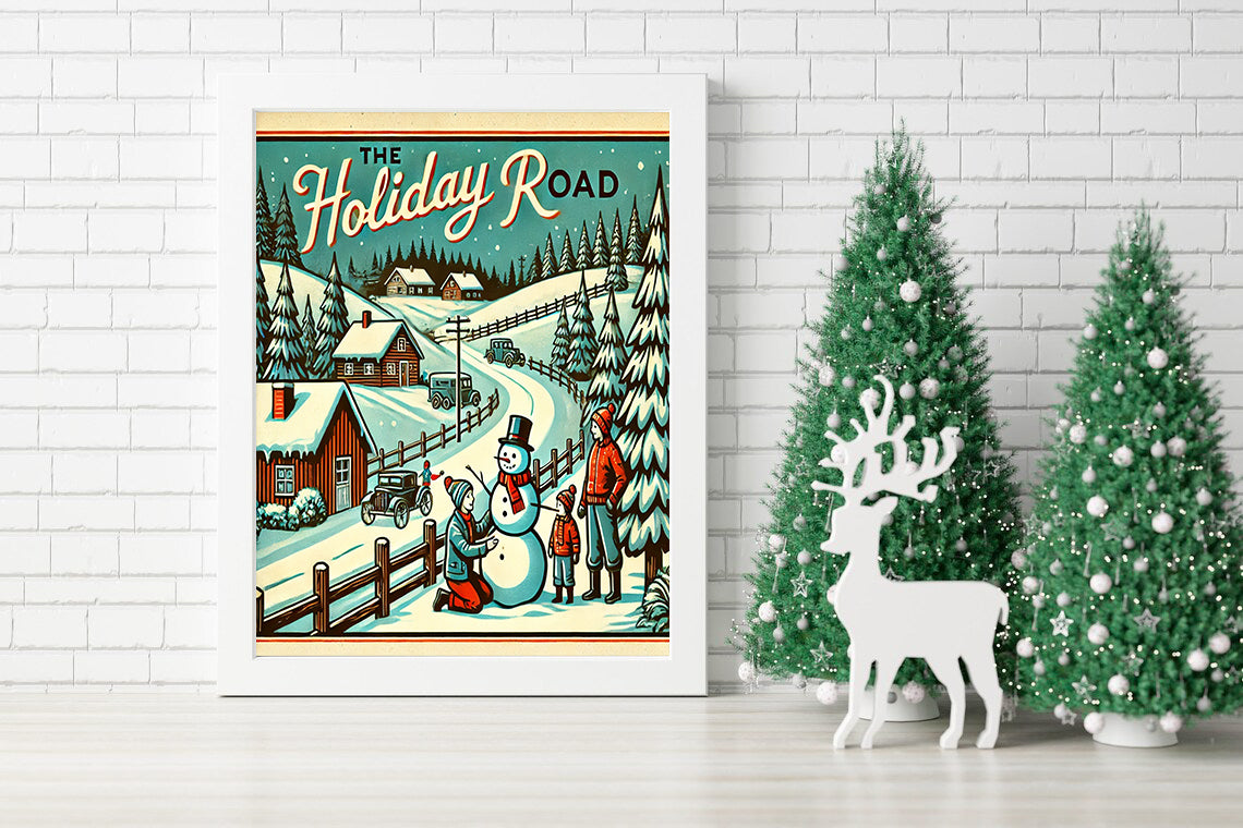 The Holiday Road Vintage Winter Wonderland Print - Whimsical Christmas Canvas Building Snowmen on Holiday Road Canvas - Cozy Winter Scene The Holiday Road Wall Art