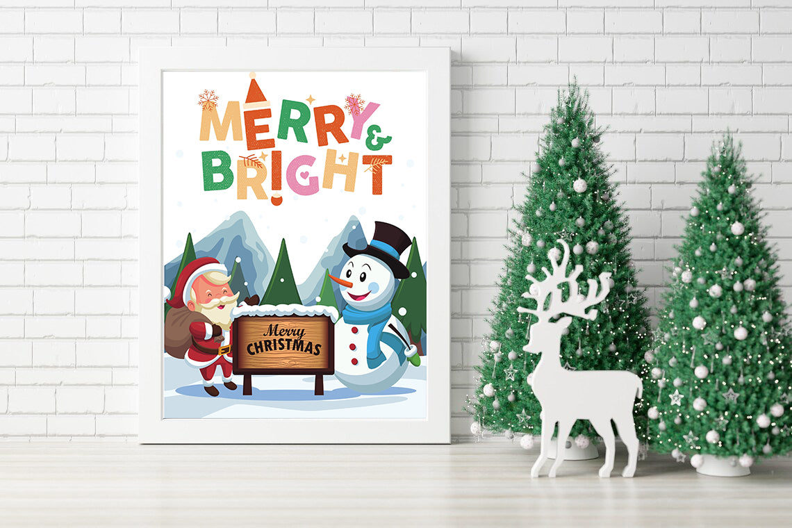 Merry & Bright Santa and Snowman Christmas Canvas - Merry & Bright Christmas Decor with Santa and Snowman - Santa and Snowman Winter Scene Holiday Wall Decor
