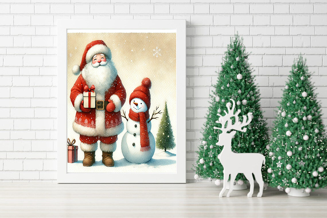 Santa's Gift: A Snowy Holiday Moment Canvas - Santa and Snowman: A Winter Friendship Canvas - Classic Christmas Scene: Santa and Snowman Canvas