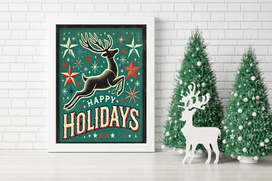 Retro Happy Holidays Reindeer Canvas - Whimsical Happy Holidays Vintage Canvas - Nostalgic Reindeer Christmas Wall Art