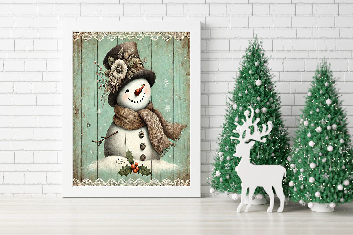 Vintage Holiday Snowman Wall Art - Rustic Snowman with Vintage Charm Canvas - Smiling Snowman in a Vintage Winter Scene - Rustic Winter Cheer: Snowman with Holly Canvas