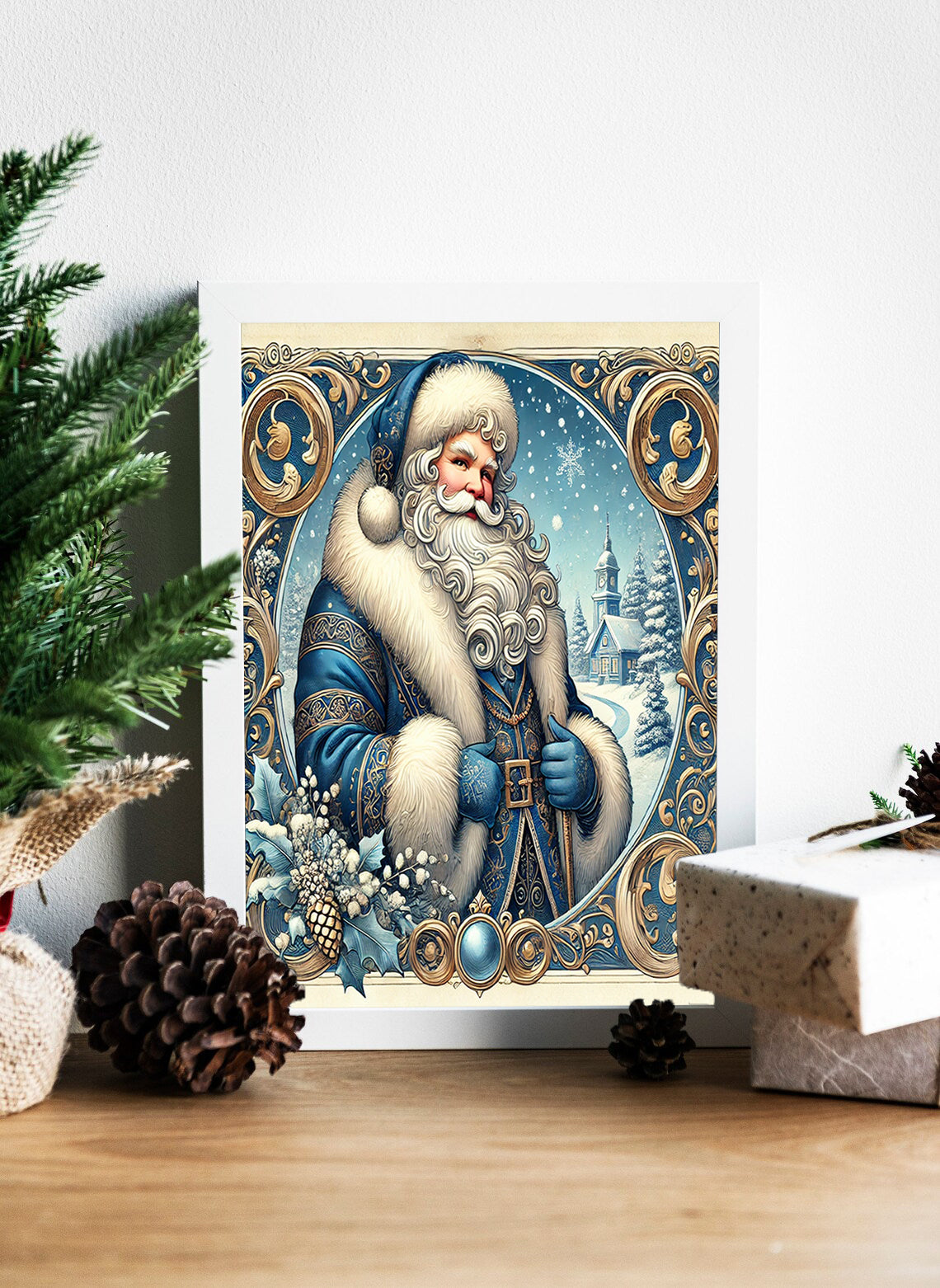 Elegant Blue Santa Christmas canvas wall art